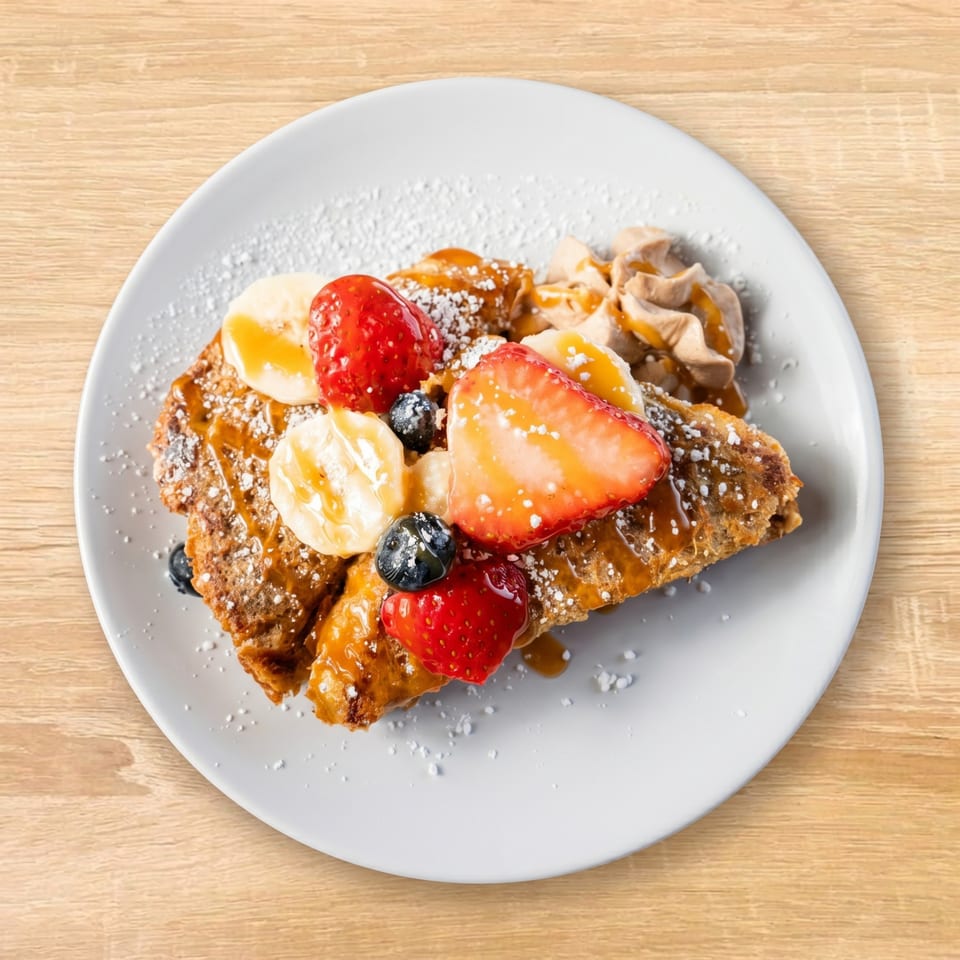 French toast topped with strawberries, blueberries, bananas, caramel, whipped cream, and powdered sugar.