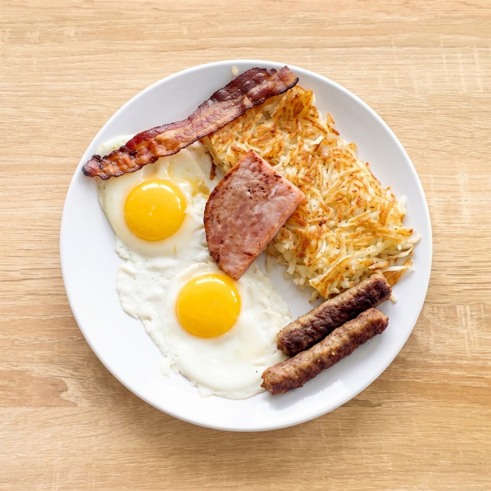 A full breakfast plate with two fried eggs, bacon, ham, hash browns, and sausage links.